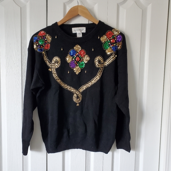 Vintage Sweaters - Vintage Jessica Roberts black embellished sweater gold teardrop beading